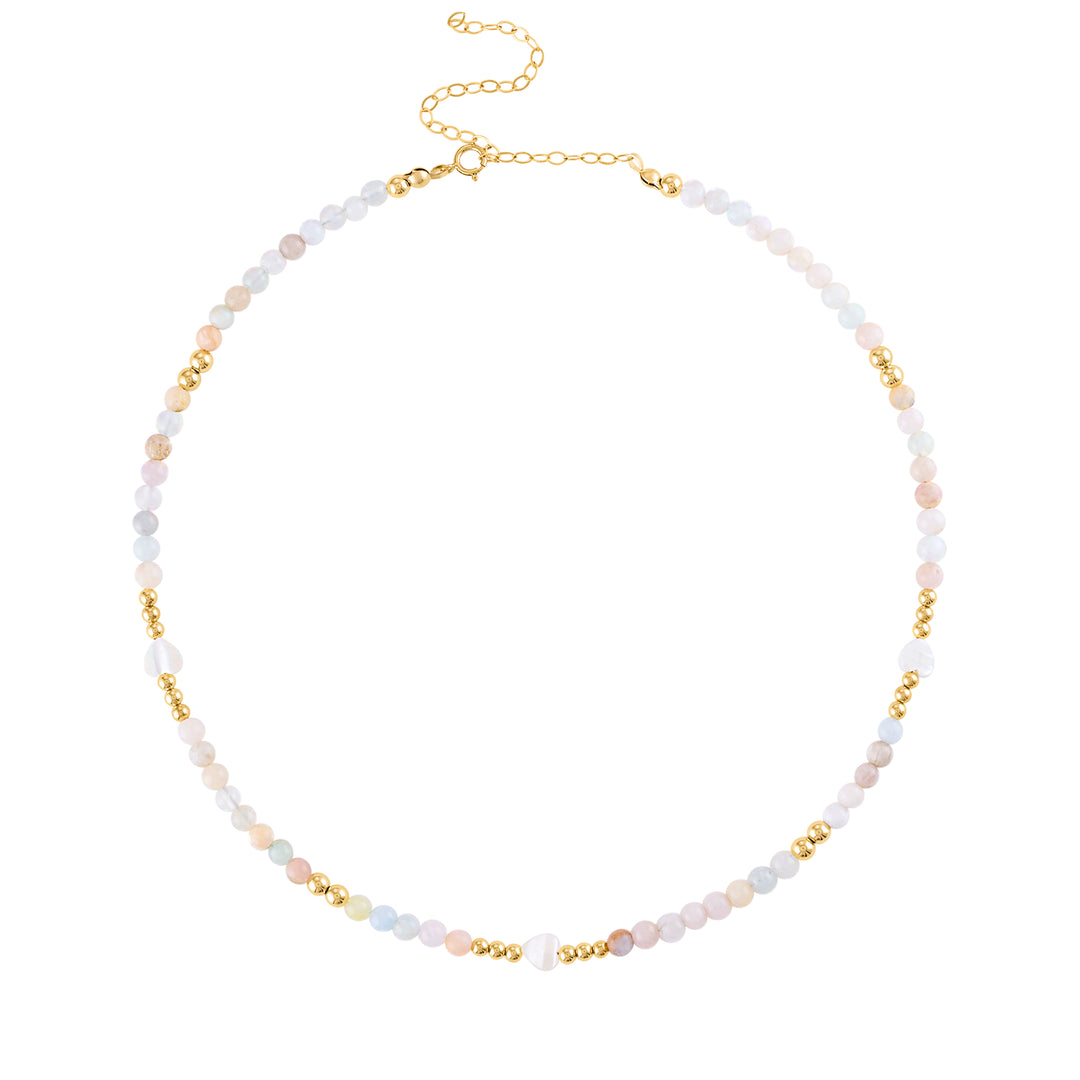 Olivia Le pastel morganite beaded necklace with gold beads and mother of the pearl heart beads with an adjustable length