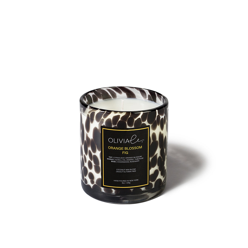 olivia le orange blossom fig small black leopard glass candle with single wick