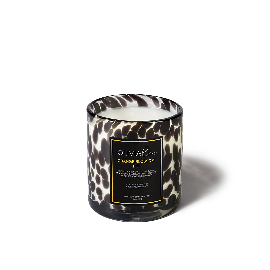 olivia le orange blossom fig small black leopard glass candle with single wick