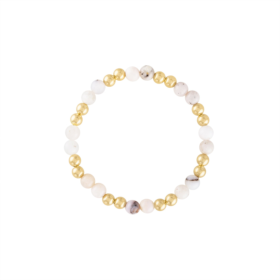 Olivia Le Pink Opal Power Gem Gold Bubble Bracelet handmade with 14K gold-filled 5MM beads and 6MM Pink Opal Faceted gemstones available in 6.5 inch or 7 inch stretch