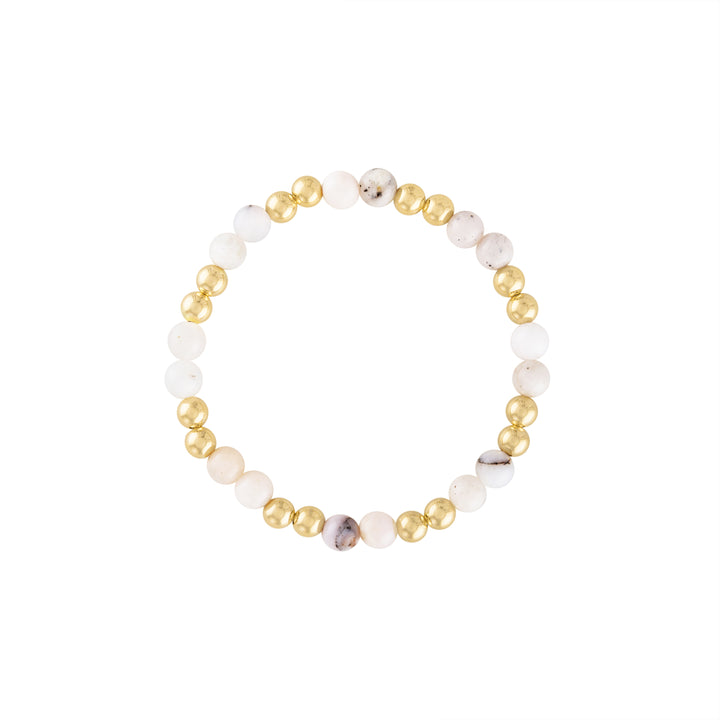 Olivia Le Pink Opal Power Gem Gold Bubble Bracelet handmade with 14K gold-filled 5MM beads and 6MM Pink Opal Faceted gemstones available in 6.5 inch or 7 inch stretch