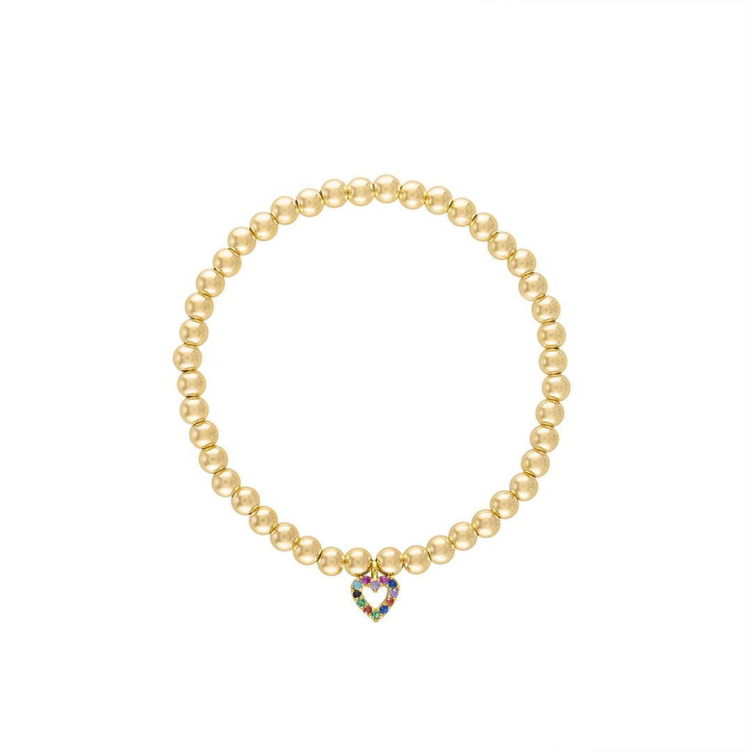 Olivia Le Rainbow Pave Heart Gold Bracelet handmade with 14K gold-filled 4MM beads and gold-plated rainbow pave heart charm available in 6.5 inch or 7 inch stretch