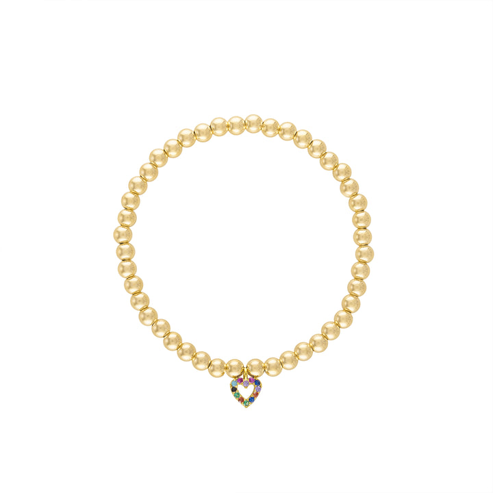 Olivia Le Rainbow Pave Heart Gold Bracelet handmade with 14K gold-filled 4MM beads and gold-plated rainbow pave heart charm available in 6.5 inch or 7 inch stretch