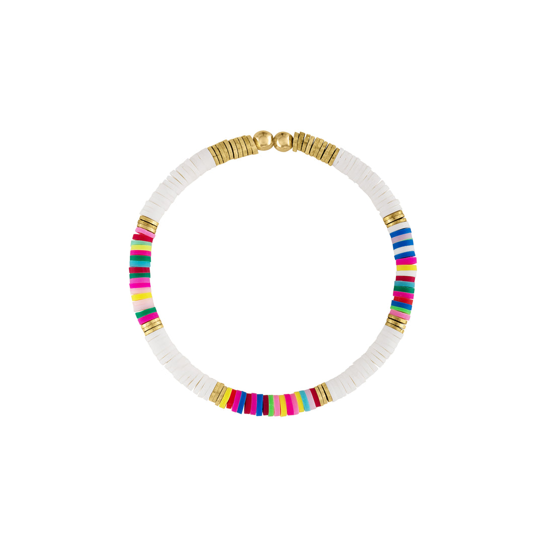 Olivia Le Rainbow Seychelles bead bracelet features bright vibrant colors using polymer clay heishi beads mixed with gold plated brass disc beads and 4mm gold filled bubble beads