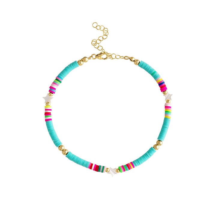 Olivia Le Rio Star Neon Anklet features bright fresh colors of  bright turquoise polymer clay beads mixed with star mother of pearl beads and 3mm gold filled bubble beads all finished with a lobster clasp an extension making this anklet adjustable from 8 inches to 10 inches