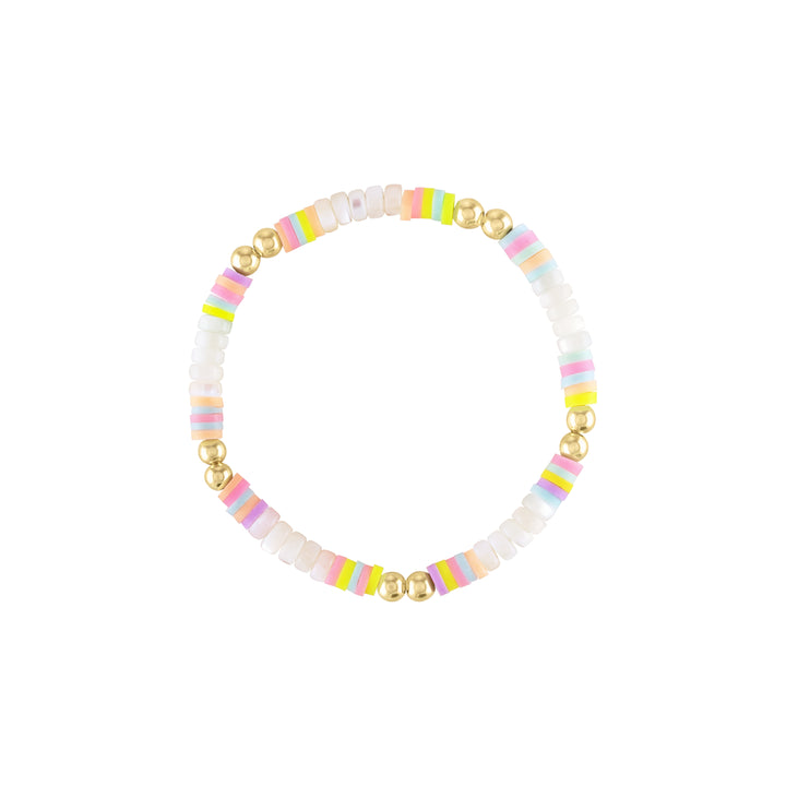 mother of pearl beaded stretch bracelet with gold filled beads and rainbow soft pastel polymer clay beads