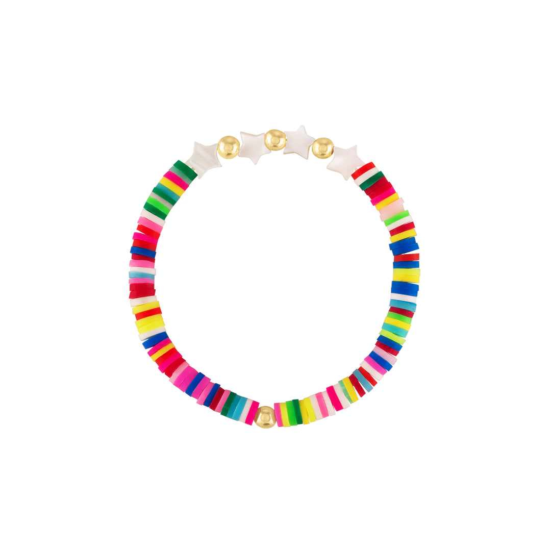 Olivia le rainbow beaded polymer clay beads mixed with mother of pearl star beads and gold filled round beads. stretch beaded bracelet.