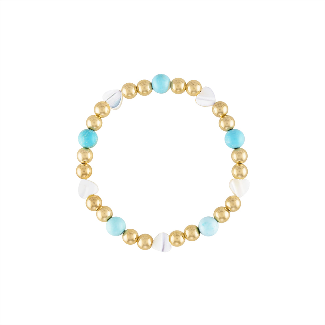 Olivia Le Santorini Dreams Pearl Gold Bracelet handmade with 14K gold-filled 5MM beads, 6MM turquoise howlite stones, and 6MM heart mother of pearl beads available in 6.5 inch or 7 inch stretch