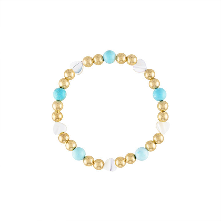Olivia Le Santorini Dreams Pearl Gold Bracelet handmade with 14K gold-filled 5MM beads, 6MM turquoise howlite stones, and 6MM heart mother of pearl beads available in 6.5 inch or 7 inch stretch