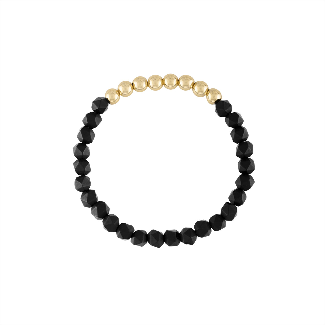 Olivia Le Star Faceted Black Onyx Gold Bracelet handmade with 14K gold-filled 5MM beads and 6MM Black Onyx stones available in 6.5 inch or 7 inch stretch