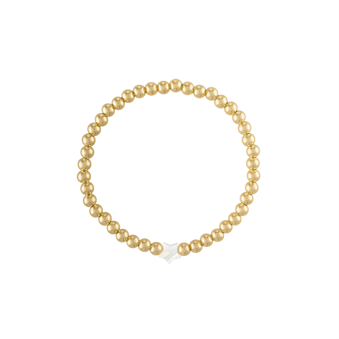 Olivia Le Star Pearl Gold Bracelet handmade with 14K gold-filled 4MM beads and Mother of Pearl star available in 6.5 inch or 7 inch stretch