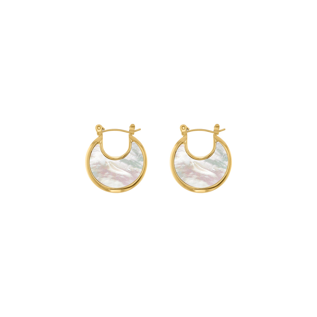 olivia le tessa hoop earrings shown in gold in a disc like shape with mother of pearl discs