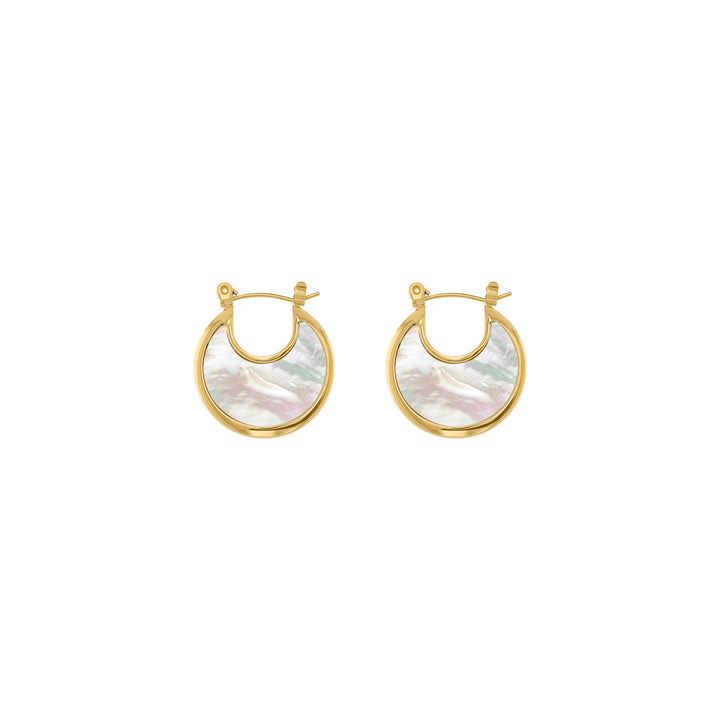 olivia le tessa hoop earrings shown in gold in a disc like shape with mother of pearl discs