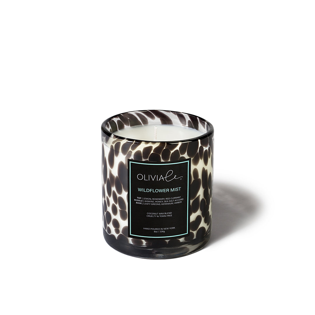 Olivia le wildflower mist small black leopard glass candle with single wick