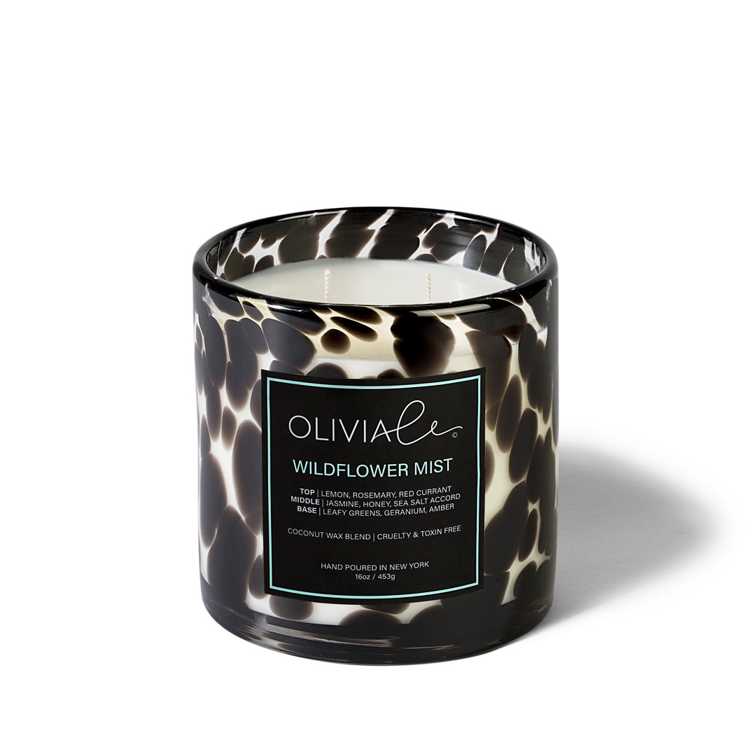 olivia le wildflower mist large black leopard glass candle with two wicks