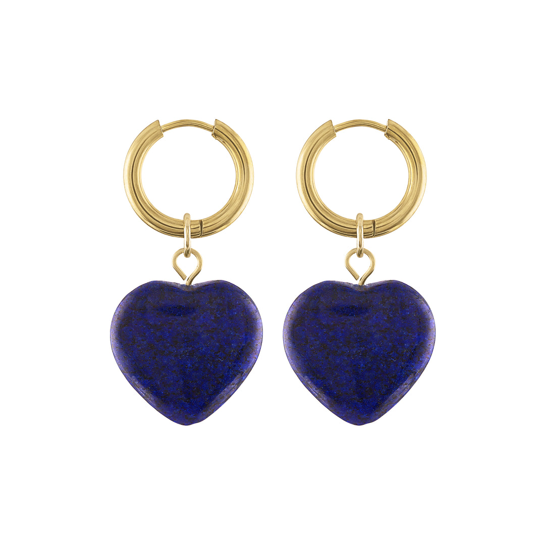 Olivia le Adele Lapis heart earrings shown on small gold hoops with blue lapis heart stones as charms