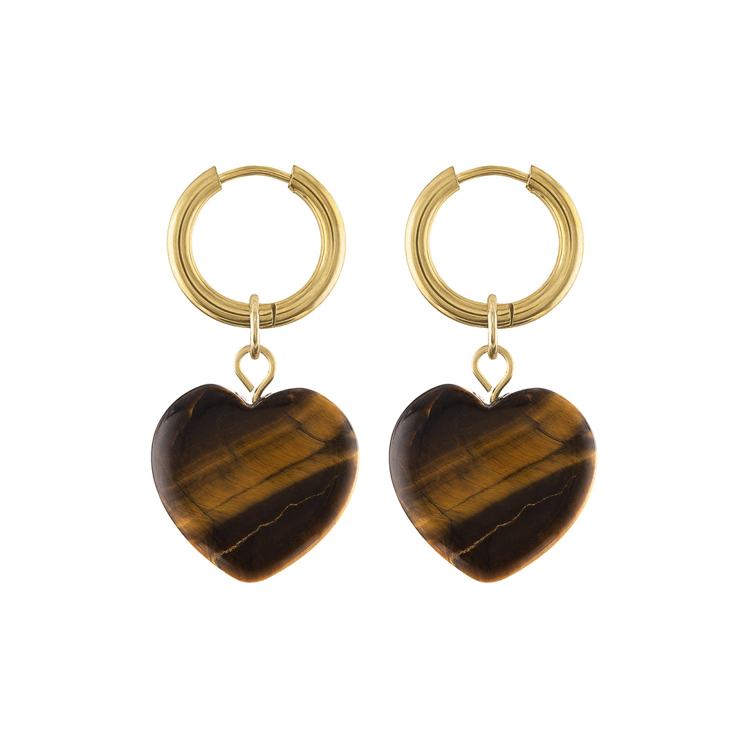 Olivia Le Adele brown tigers eye heart stone charm earrings shown on small gold hoops