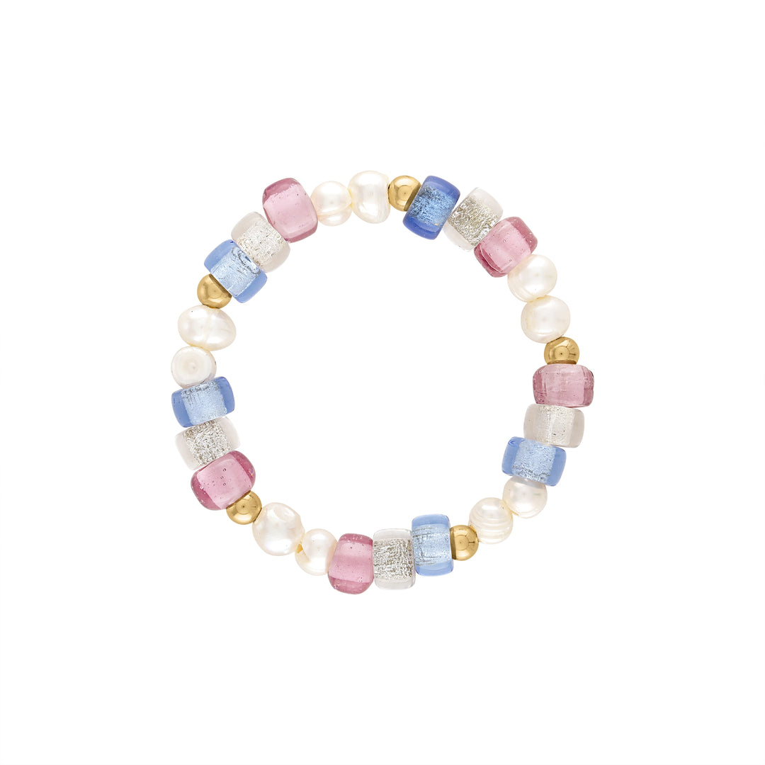 olivia le astra glass bead bracelet shown with soft pastel colors in pink and blue with silver glass czech beads and freshwater pearls with gold filled beads in the pattern all on a stretch bracelet