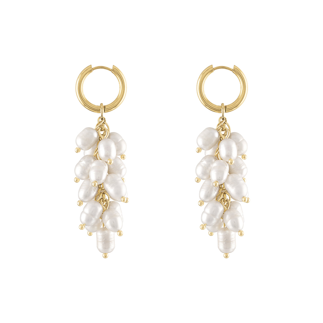 Olivia le Azalea fresh water pearl charms in clusters hanging from gold hoop earrings