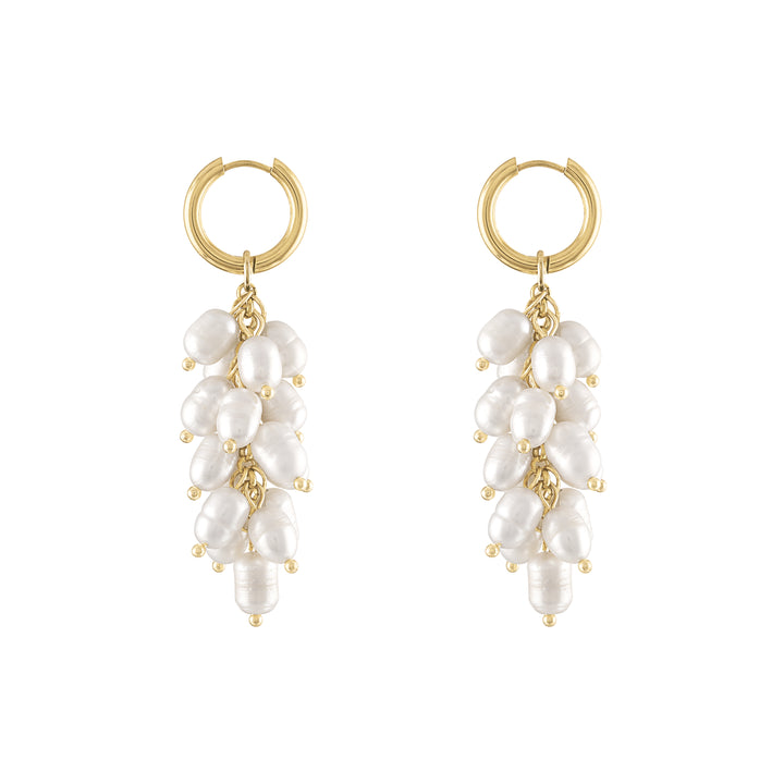 Olivia le Azalea fresh water pearl charms in clusters hanging from gold hoop earrings