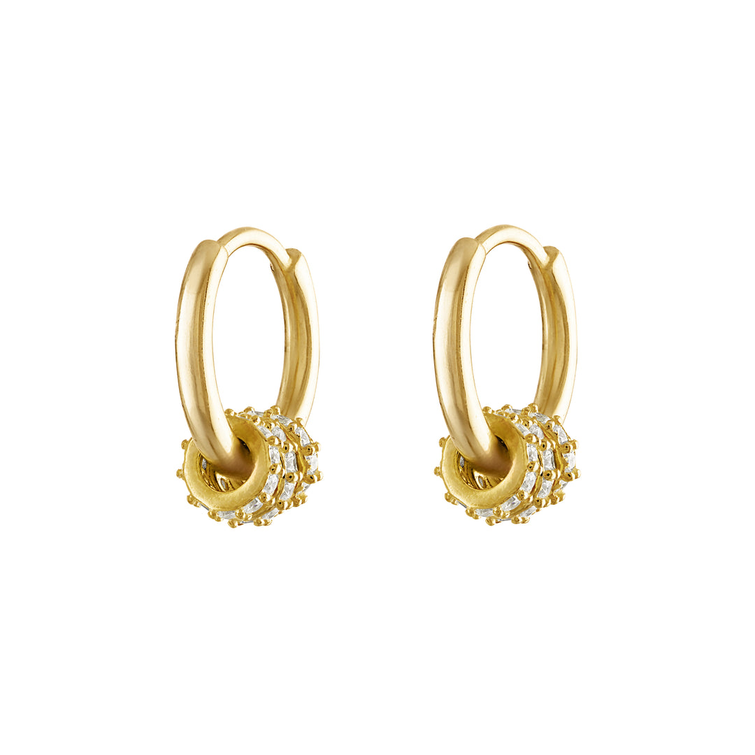olivia le emma pave convertible hoop earrings shown in gold small hoop earrings with 3 pave charms that are removable with click closure