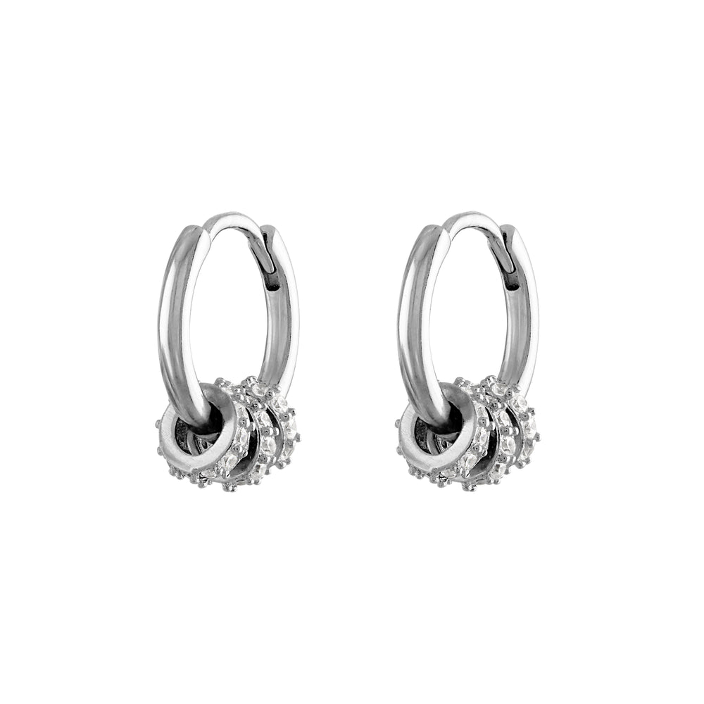 olivia le emma pave convertible hoop earrings shown in sterling silver with 3 mini pave charms that can be removed click back closure