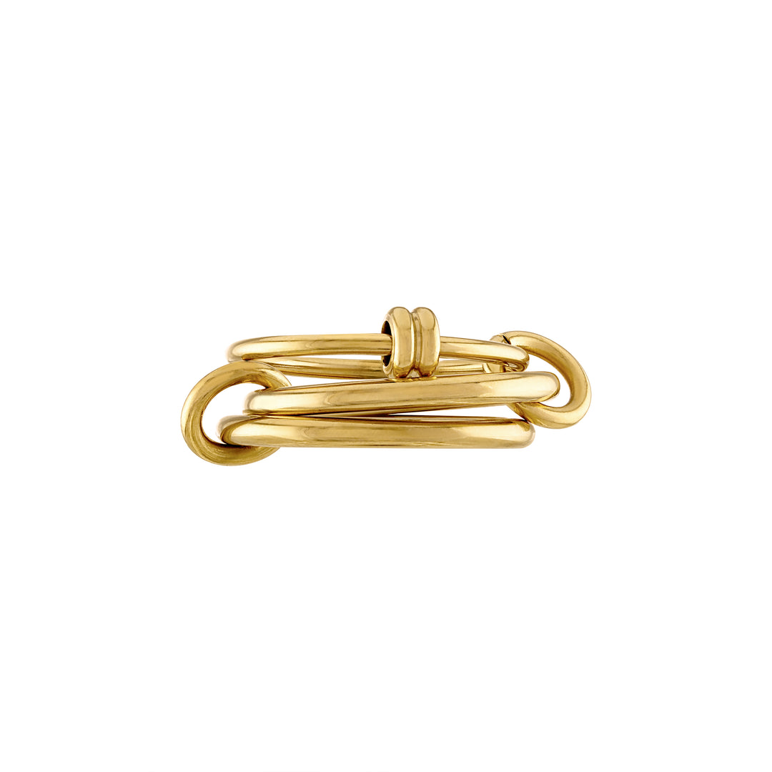 gold layered rings that are interlocked by small jumprings to create a stacked look
