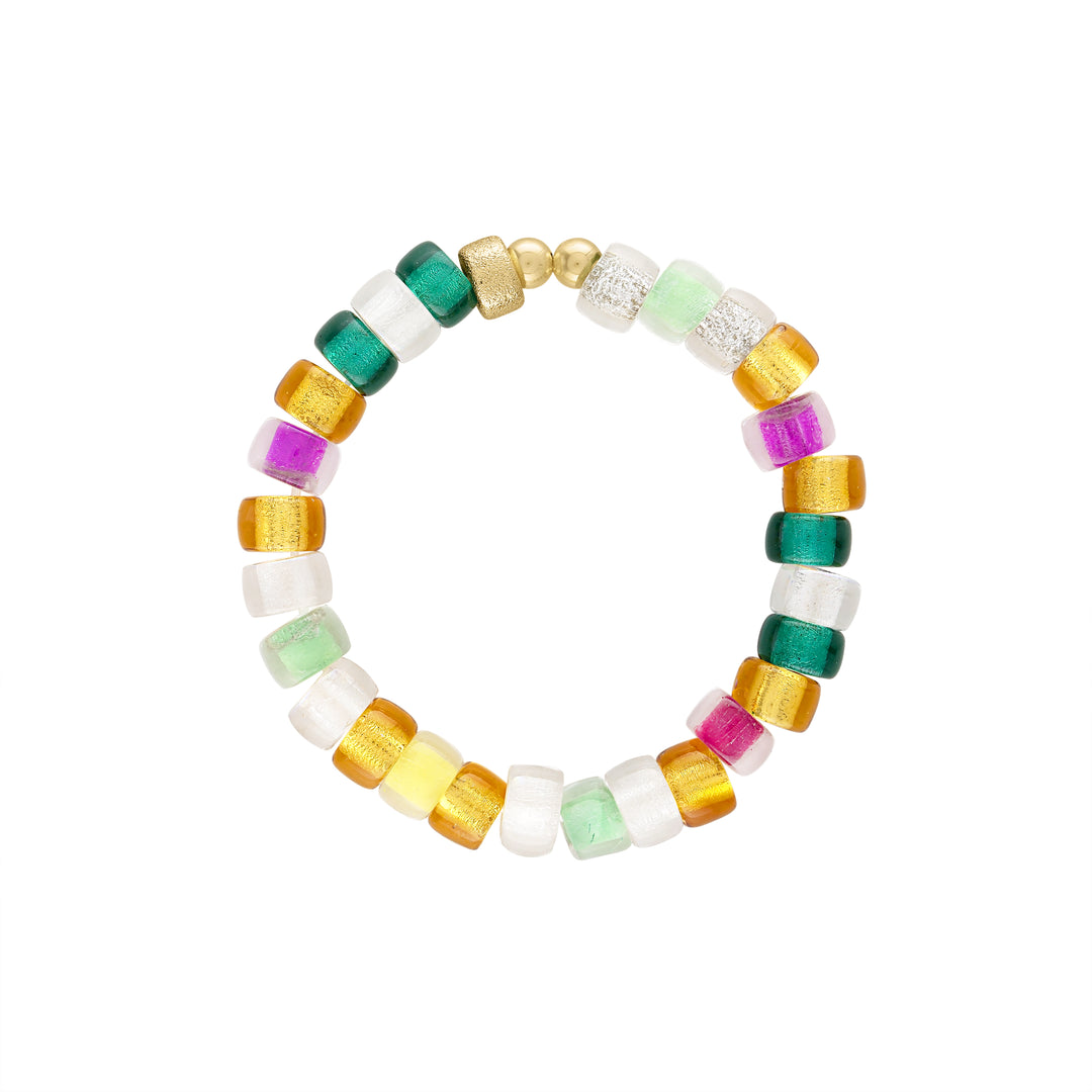 olivia le phoebe glass bead bracelet shown with multicolor glass czech beads in pink green silver and orange beads with gold filled beads on a stretch elastic bracelet