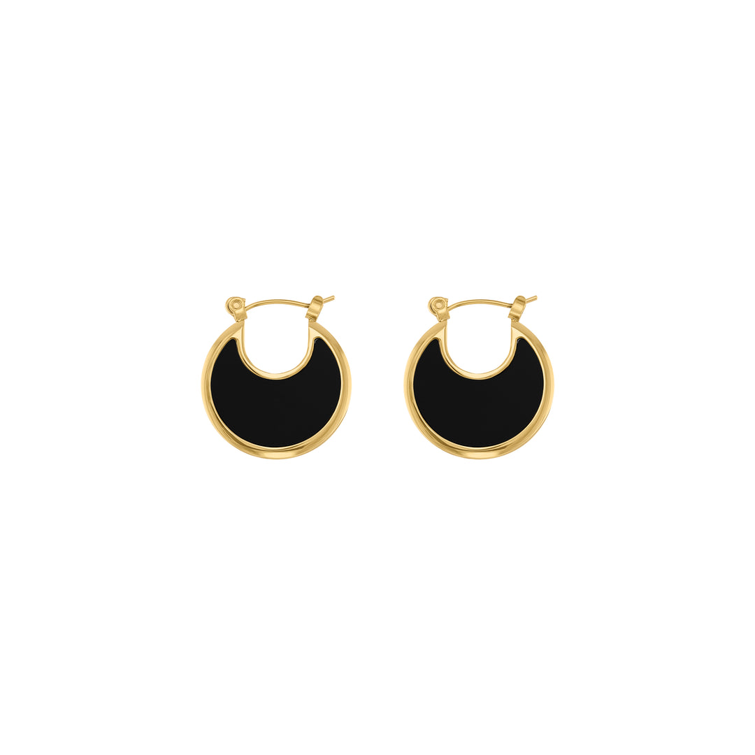 olivia le tessa hoop earrings shown as gold hoop earrings that are shaped like a disc with black enamel 