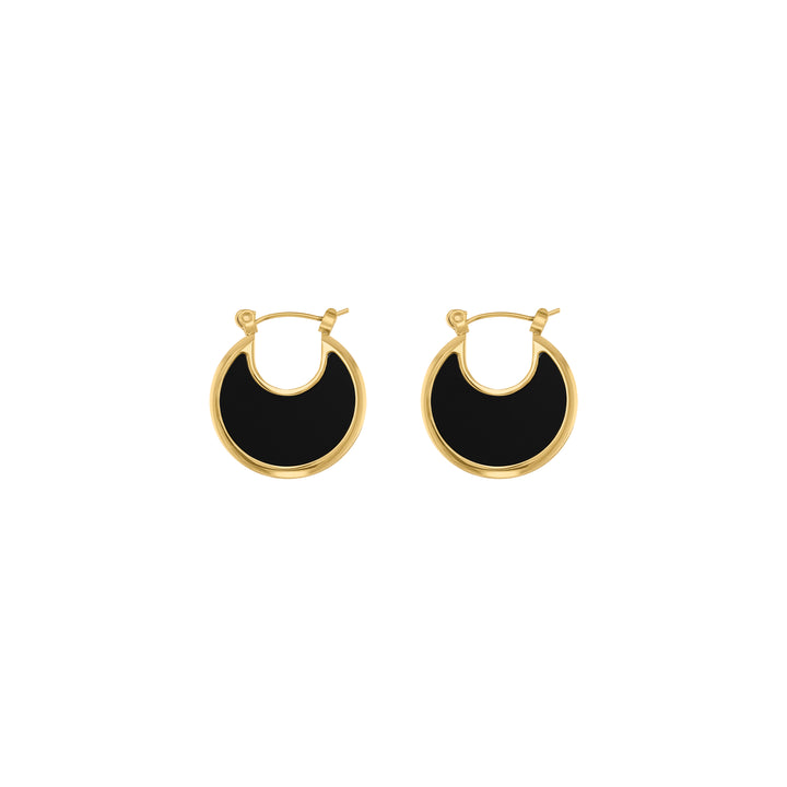 olivia le tessa hoop earrings shown as gold hoop earrings that are shaped like a disc with black enamel 