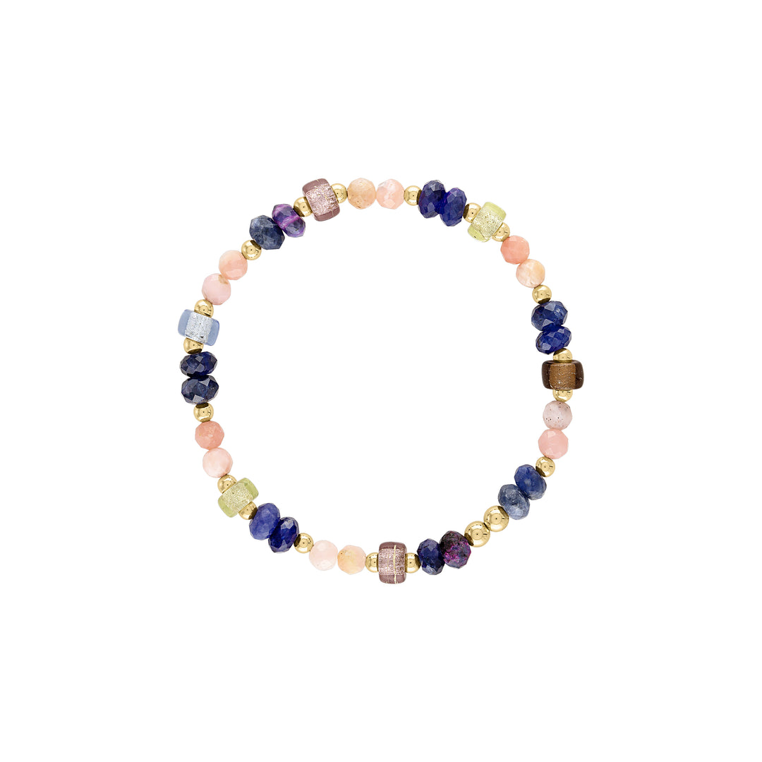 olivia le celine glass bead bracelet shown with purple sugalite gemstone faceted beads strung with pink opal beads and  glass czech beads with alternating patterns and gold filled beads all strung on an elastic stretch bracelet
