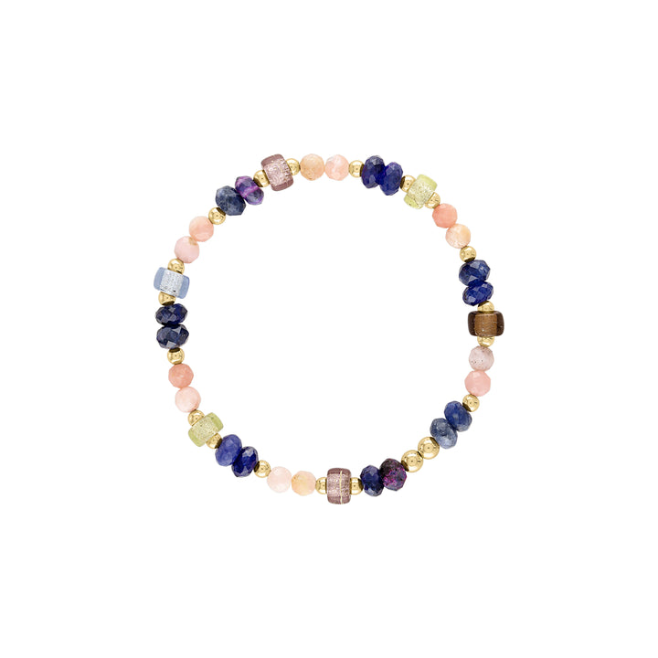 olivia le celine glass bead bracelet shown with purple sugalite gemstone faceted beads strung with pink opal beads and  glass czech beads with alternating patterns and gold filled beads all strung on an elastic stretch bracelet