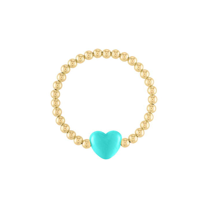 Olivia le love heart bracelet shown with 5mm 14k gold filled round beads with a large pastel teal puff heart bead charm in the middle on a stretch bracelet