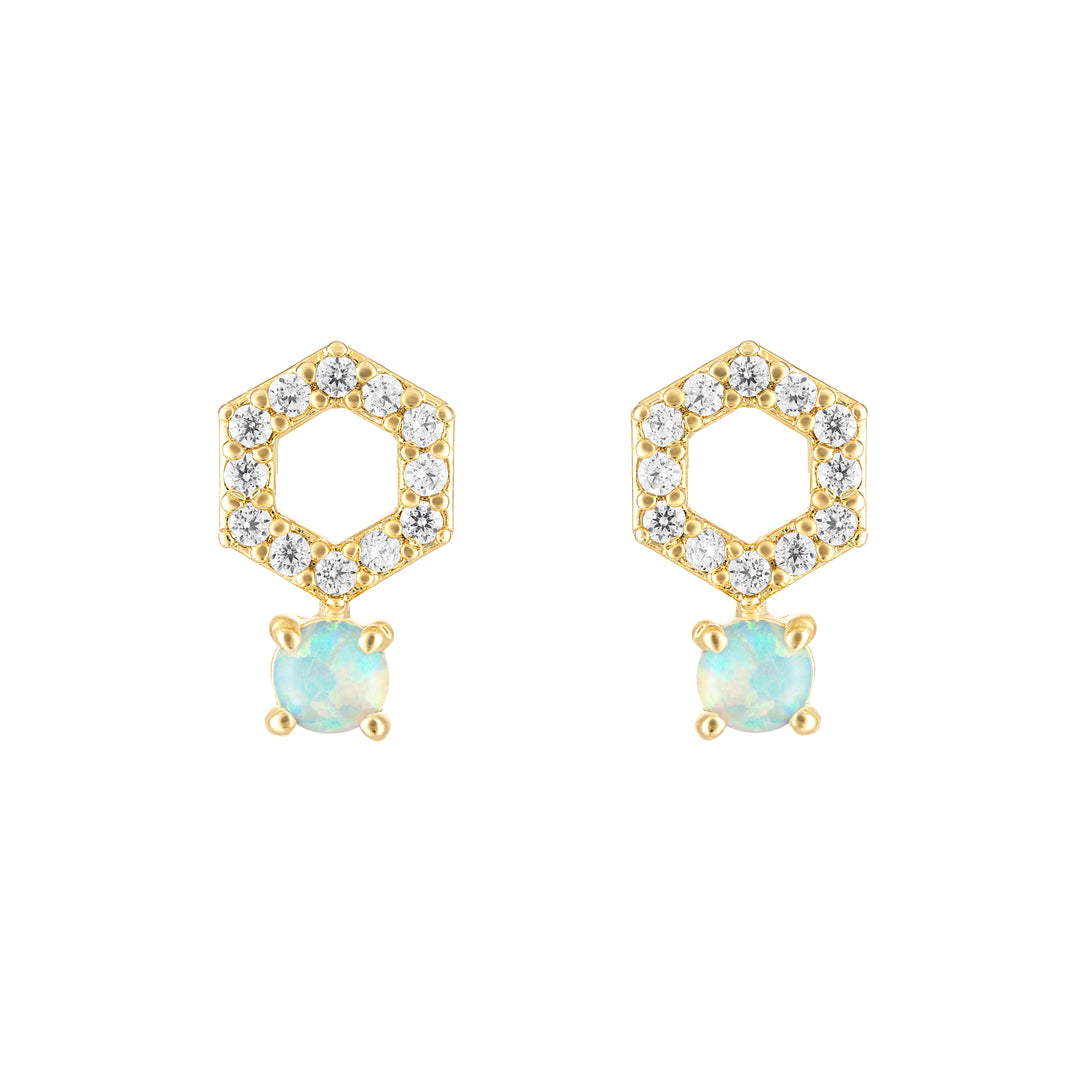 Olivia le madison opal stud earrings shown as dainty small earrings with pave stones and small opal stud at the bottom
