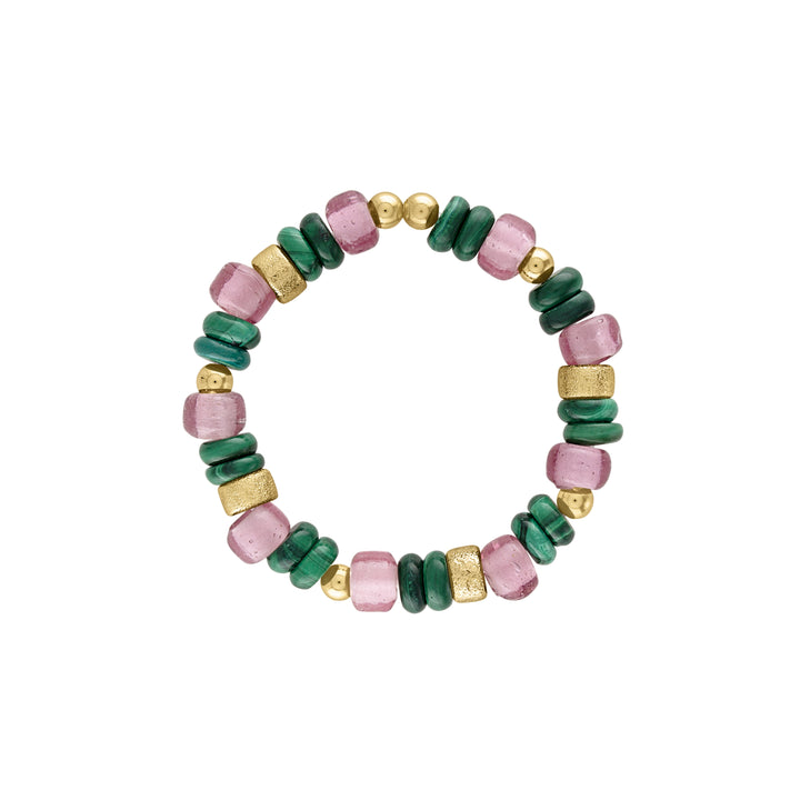 olivia le malachite mixed glass bead bracelet shown with green malachite beads and pink glass czech beads with alternating pattern and gold filled stardust beads on a stretch elastic bracelet