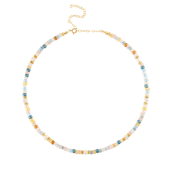 Olivia le ocean color inspired beads and pearls shimmering necklace with pinks, blues and golds and pearls with an adjustable extension