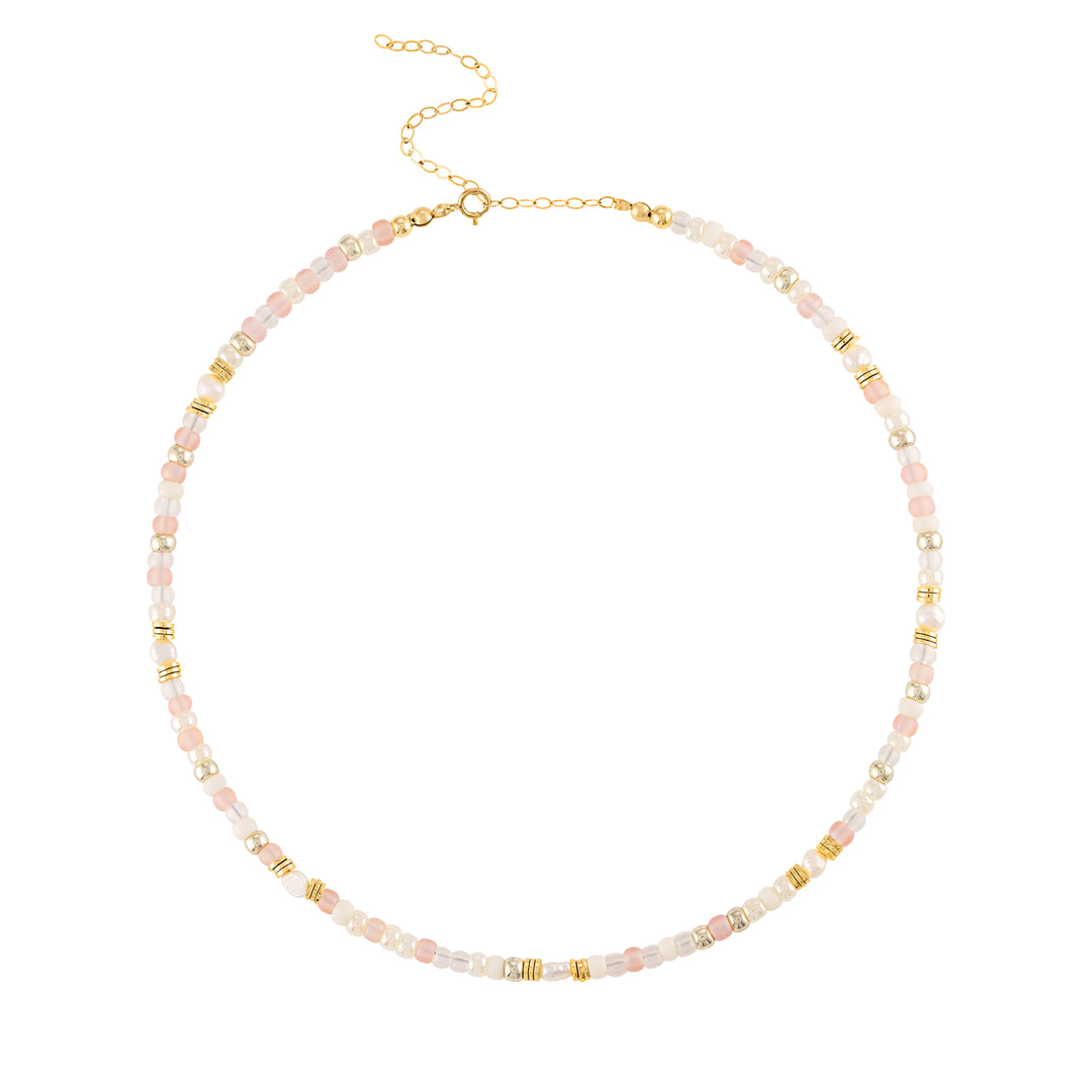 olivia le pastel shimmer beaded necklace with pale pink and matte pink beads with pearls and gold beads with extender
