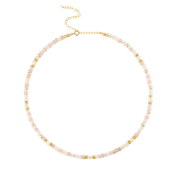 olivia le pastel shimmer beaded necklace with pale pink and matte pink beads with pearls and gold beads with extender
