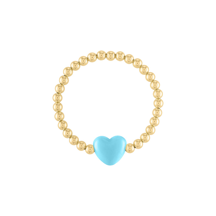 Olivia le love heart bracelet shown with 5mm 14k gold filled round beads with a large pastel aqua puff heart bead charm in the middle on a stretch bracelet