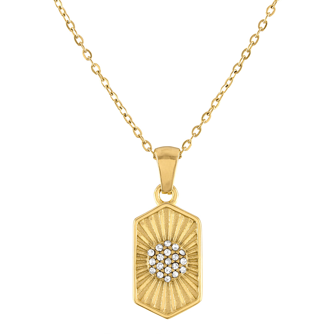 olivia le gold hexagon pendant with a circular pave cubic zirconia embezeled hanging from a gold thin chain 