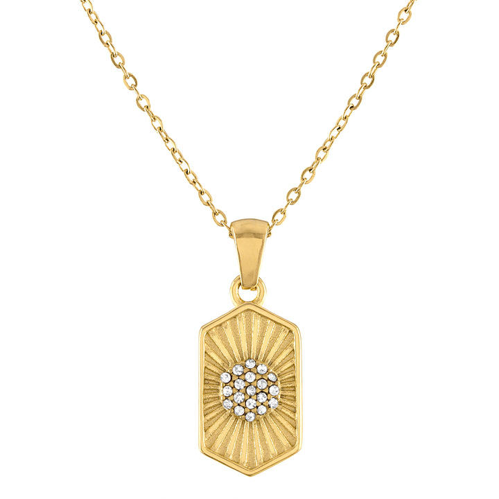 olivia le gold hexagon pendant with a circular pave cubic zirconia embezeled hanging from a gold thin chain 