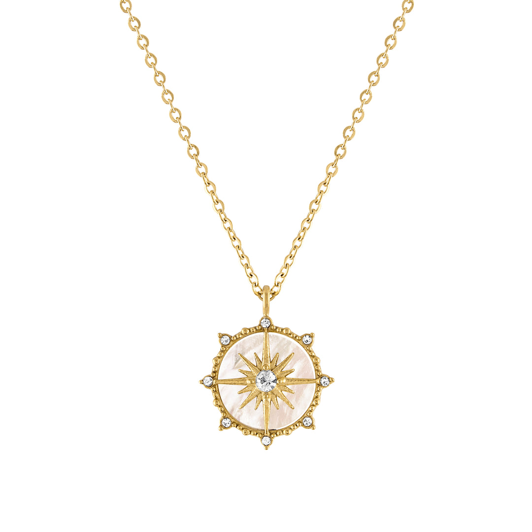 olivia le gold pendant necklace with mother of pearl detail and north star with cubic zirconia details on a gold chain