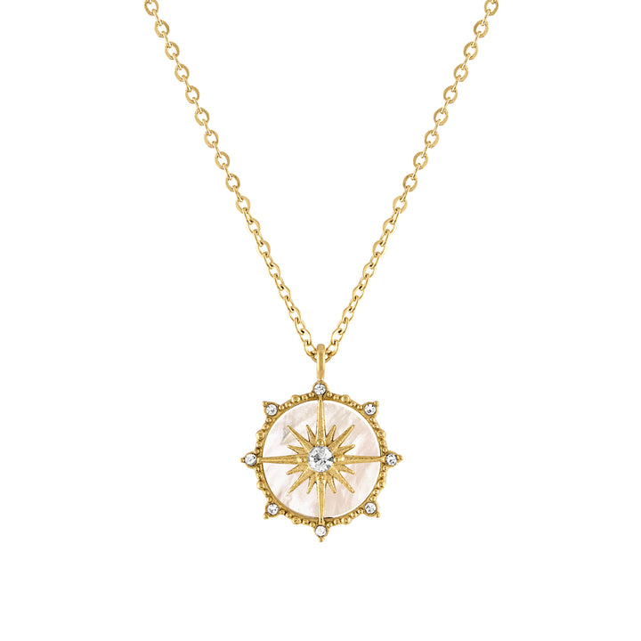 olivia le gold pendant necklace with mother of pearl detail and north star with cubic zirconia details on a gold chain
