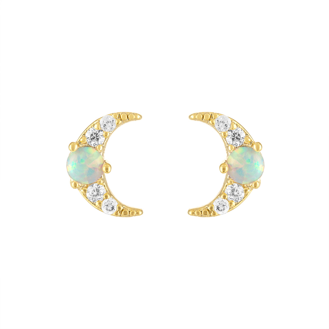 OLIVIA LE SKY OPAL STUD EARRINGS SHOWN AS A MOON CRESCENT SHAPE WITH PAVE STONES AND A SMALL OPAL STONE IN THE MIDDLE